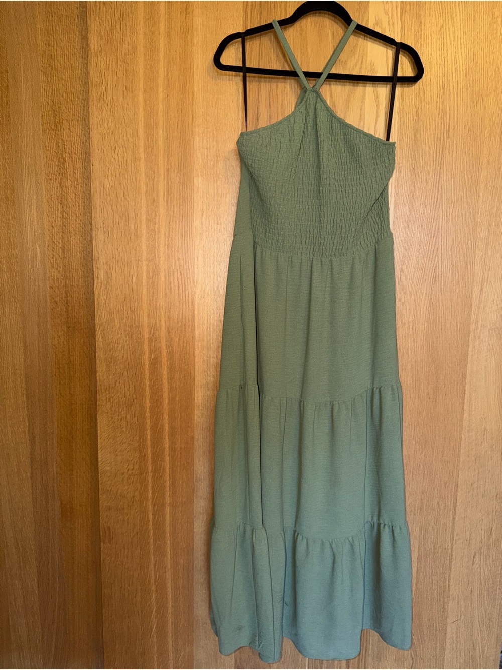 Donna Morgan Olive Green Smocked Halter Maxi Dress